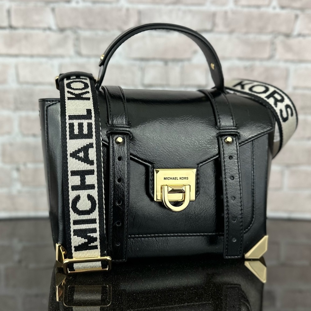 MICHAEL KORS MANHATTAN MEDIUM SATCHEL CROSSBODY SHOULDER BAG $598 Metalic Black